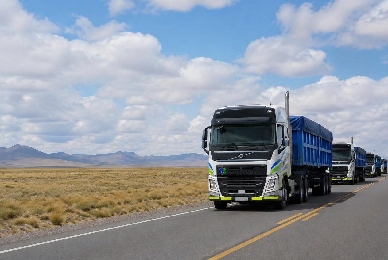 Convoy de camiones de Corporación Juscamaita en una pampa altoandina