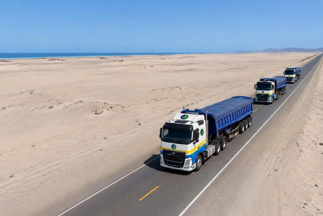 Convoy de camiones en carretera de la costa peruana
